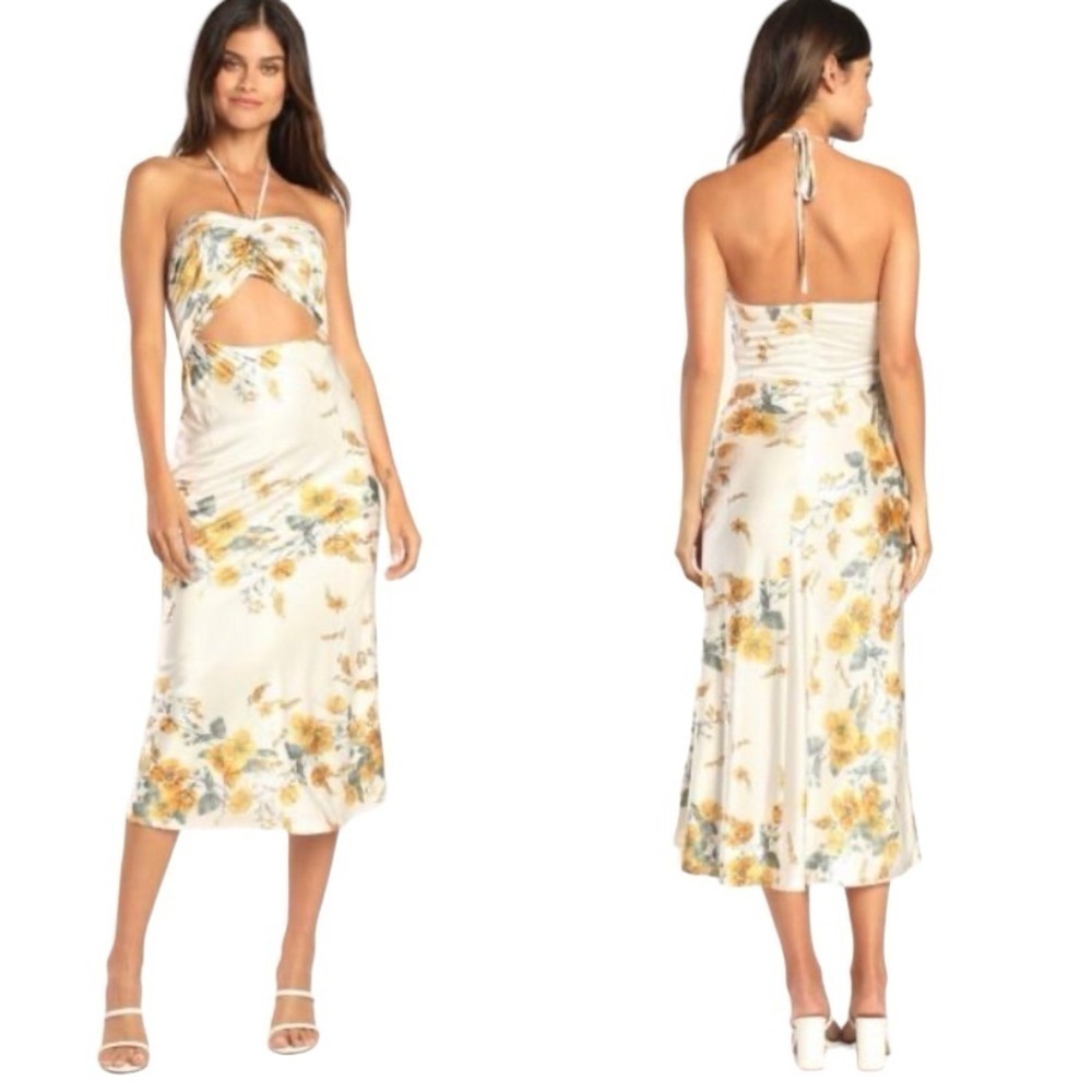 Lulus Unforgettable Moments Ivory and yellow Floral Cutout Halter Midi Dress